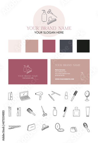 Vector visual identity and graphic charter with logo, colors, business card and pictograms for a cosmetic company