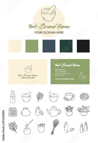 Vector visual identity and graphic charter with logo, colors, business card and pictograms for a naturopathy company