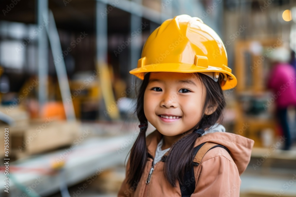 Happy asian child girl in an engineer hard hat at a construction site. Work process, construction of a house Happy asian child girl in an engineer hard hat at a construction site. Work process, construction of a house