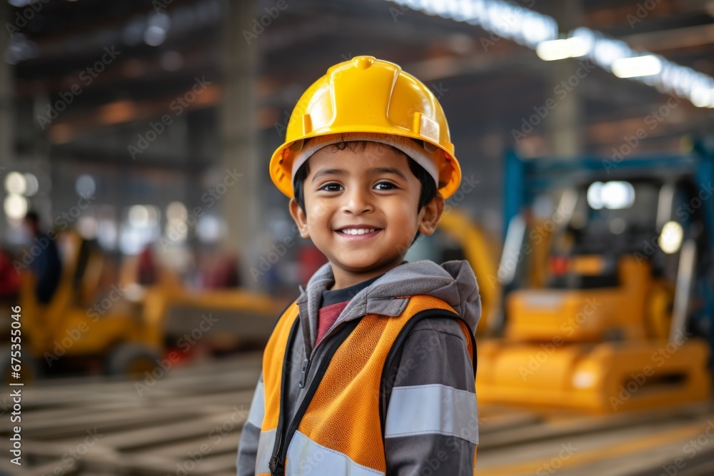 Happy indian child boy in an engineer hard hat at a construction site. Work process, construction of a house - obrazy, fototapety, plakaty 