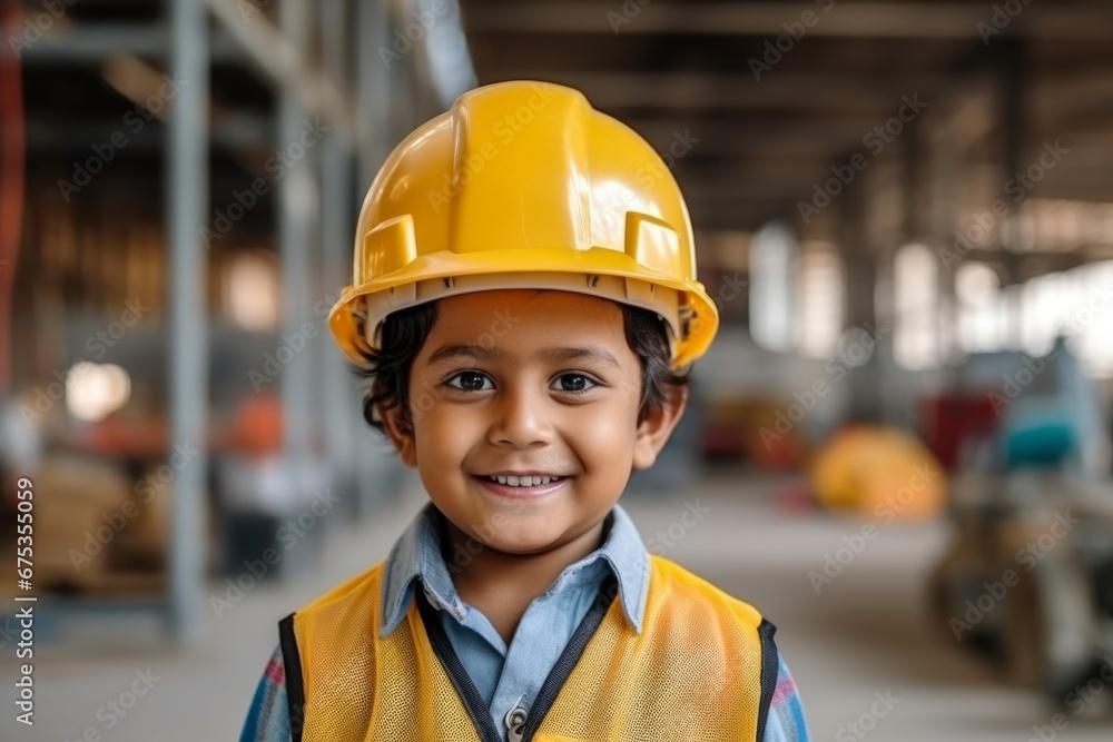 Happy indian child boy in an engineer hard hat at a construction site. Work process, construction of a house Happy indian child boy in an engineer hard hat at a construction site. Work process, construction of a house