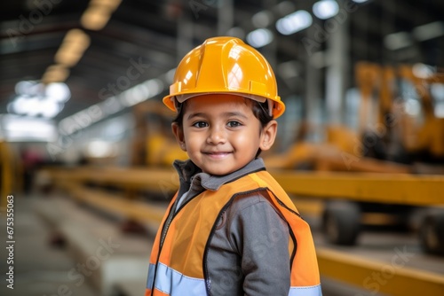 Happy indian child boy in an engineer hard hat at a construction site. Work process, construction of a house