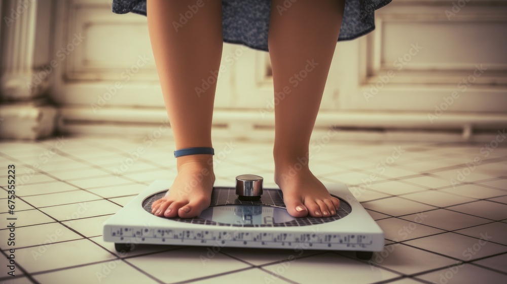 Woman measuring her weight using on floor - obrazy, fototapety, plakaty 