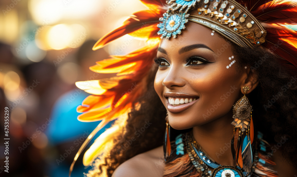 Rio's Sunset Festivities: Graceful Dancers with Feathered Elegance and Sparkle Rio's Sunset Festivities: Graceful Dancers with Feathered Elegance and Sparkle