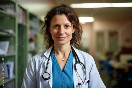 Portrait of a female doctor looking into the camera and smiling, hospital rooms on the background.