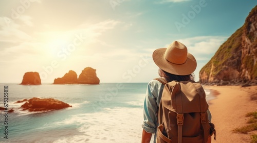 Hipster young girl with backpack enjoying sunset on seascape