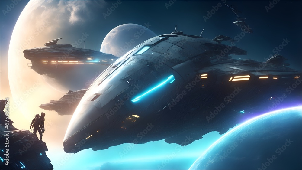 Futuristic scenery, planets ships and planets, futuristic spaceship. Generative ai Futuristic scenery, planets ships and planets, futuristic spaceship. Generative ai