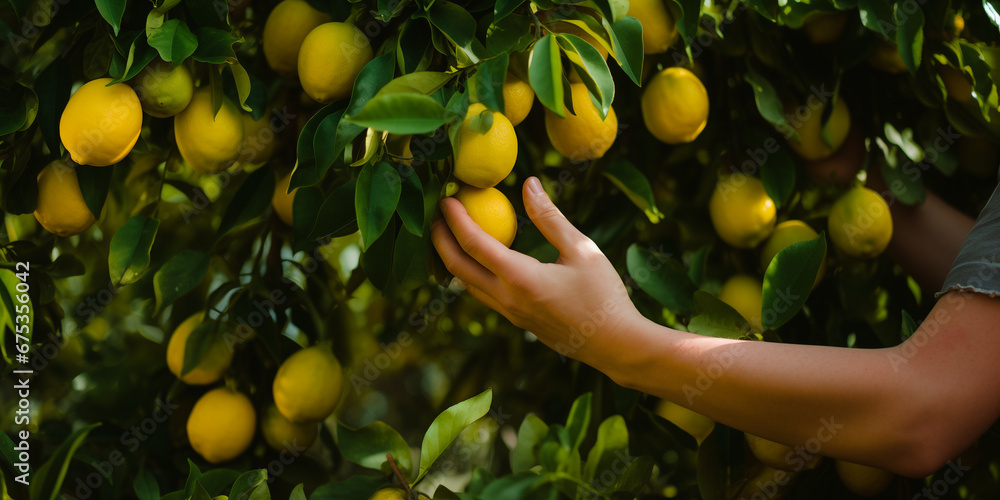 Hand harvesting ripe lemons fruits from the tree branch with leaves. Hand harvesting ripe lemons fruits from the tree branch with leaves.
