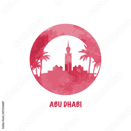 Abu Dhabi UAE watercolor cityscape skyline city panorama vector flat modern logo, icon. United Arab Emirates emblem concept with landmarks and building silhouettes. Isolated graphic