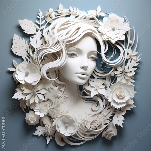 portrait of a beautiful girl,hair decorated with flowers,exquisitely cut out of paper,white color