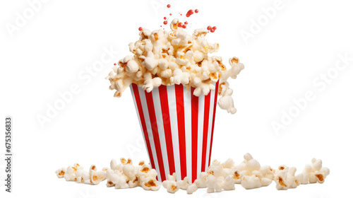 Popcorn flying out of red white striped paper cup isolated on transparent background