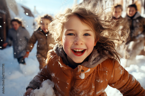 The child plays in the snow in winter, is dressed in warm winter clothes, runs and laughs loudly.