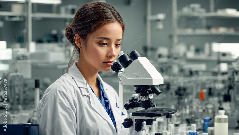 Portrait of a girl laboratory assistant, microscope Portrait of a girl laboratory assistant, microscope