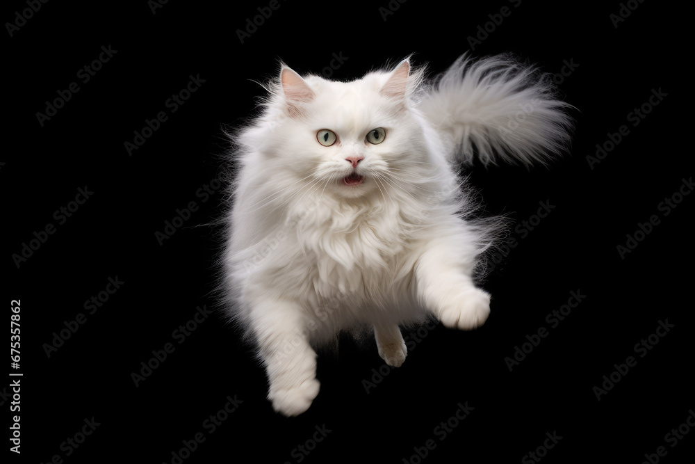 angora cat jumping on isolated background