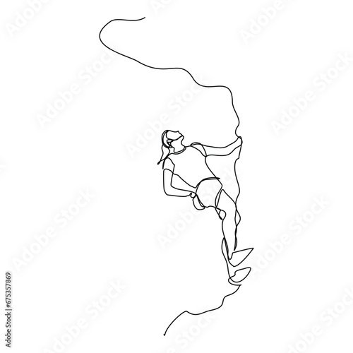 Continuous single line sketch drawing of woman climbing a cliff mountain. One line extreme dangerous sport activity vector illustration