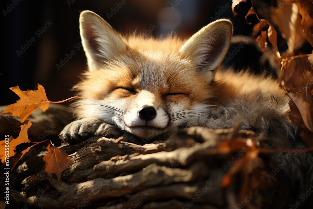 portrait of a sleeping red fox in the wild