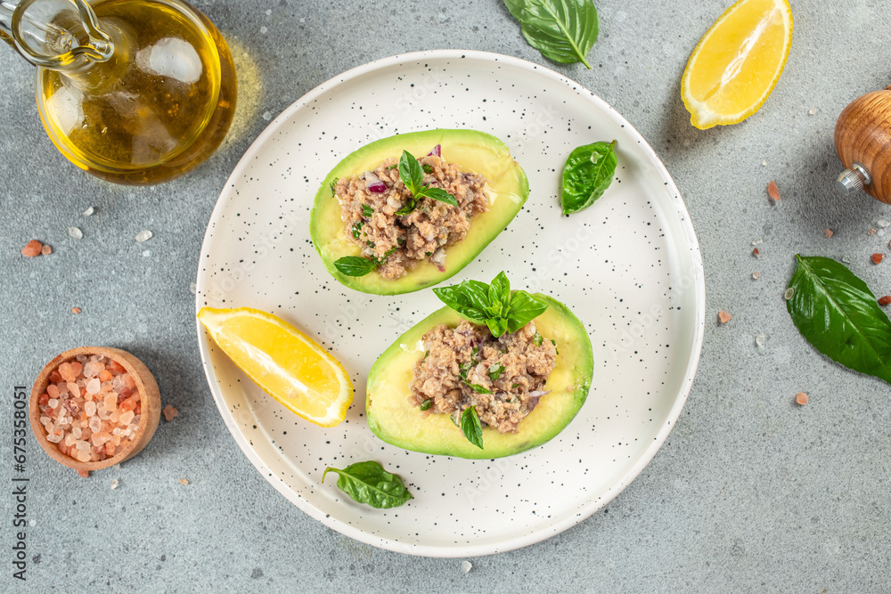 avocado tuna, Healthy fats, clean eating for weight loss. top view. place for text avocado tuna, Healthy fats, clean eating for weight loss. top view. place for text