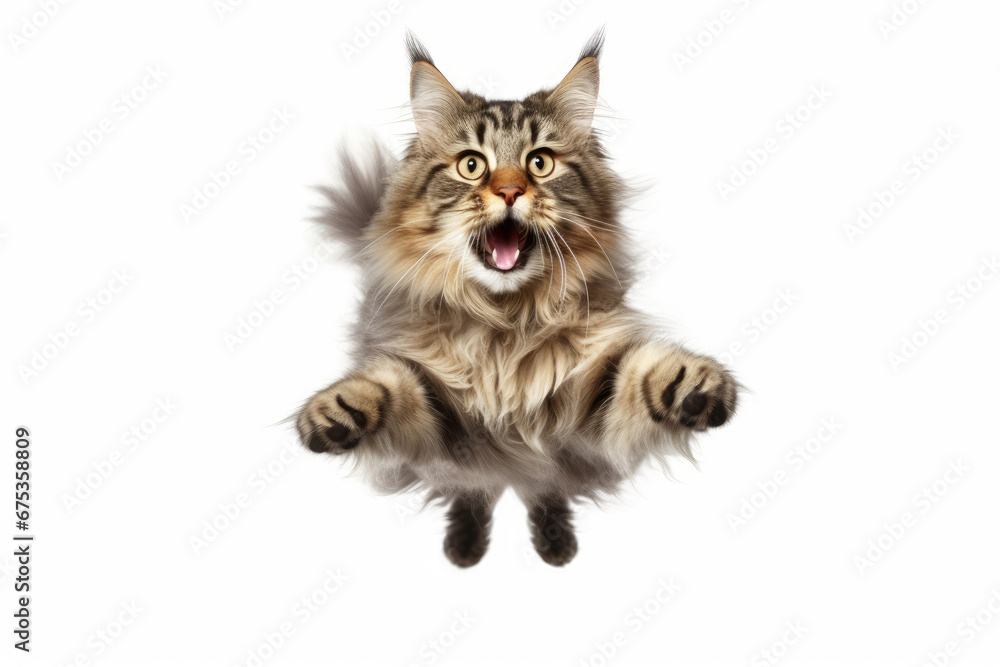 Obraz premium norwegian forest cat jumping on isolated background