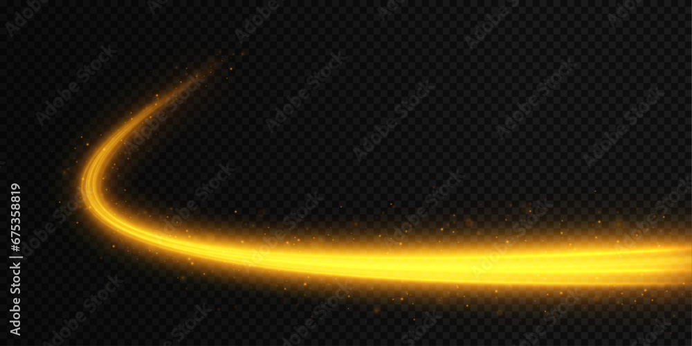 Golden wave with sparkle bokeh. Luxury dynamic sparkles and motion lines decoration elements in golden shiny color. Bright swirl glitter on transparent black background.