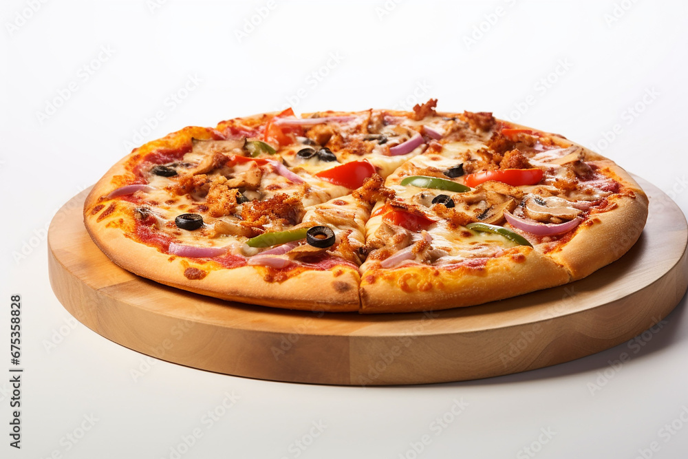 Delicious vegetarian pizza with onion, cheese and tomatoes on white background generated.AI