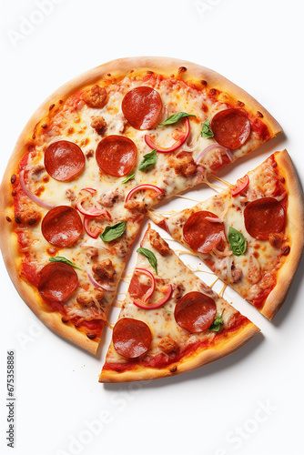 Delicious vegetarian pizza with onion, cheese and tomatoes on white background generated.AI