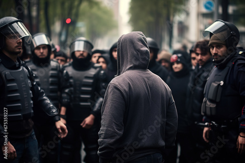 Hooded man confronting police in the middle of the social protest.