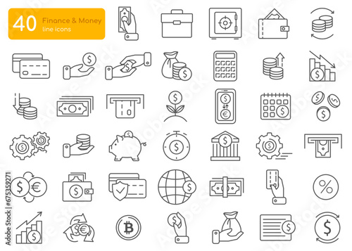 Bank and finance icon set. Business and corporation vector signs. Money Related Vector Line Icons.