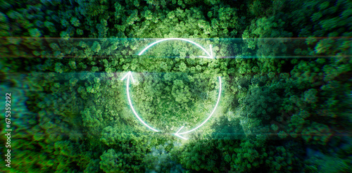 Night jungle atmospherically illuminated by the light of a thin glowing circle-shaped recycling icon. 3d rendering.