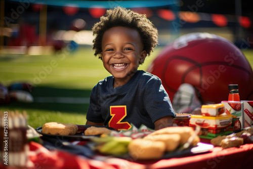 Niño pequeño de raza negra disfrutando de una barbacoa en el día de partido de futbol.  photo