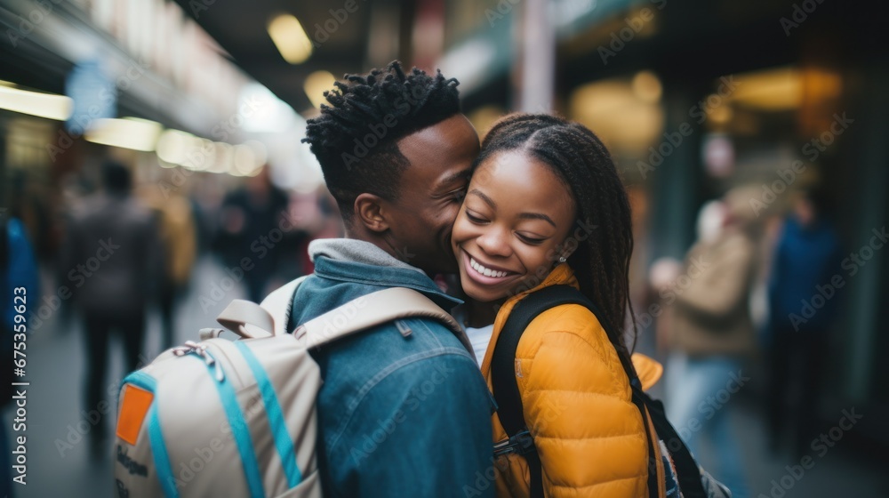 Couple hugging each other at a train stop Couple hugging each other at a train stop