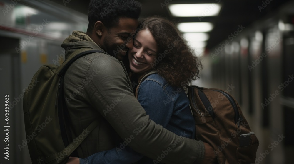 Couple hugging each other at a train stop