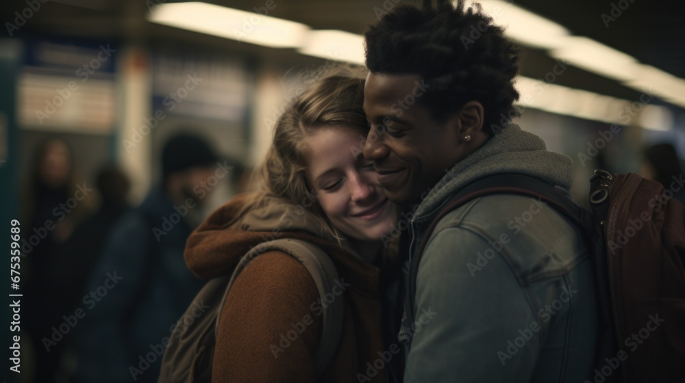 Fototapeta premium Couple hugging each other at a train stop