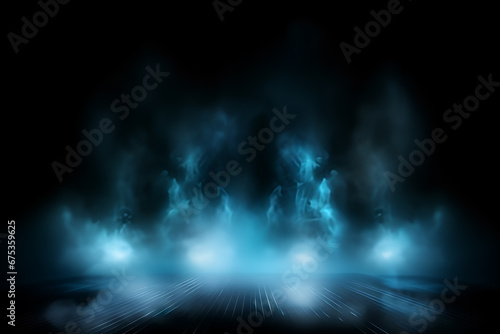 blue luminous scene background with smoke and light