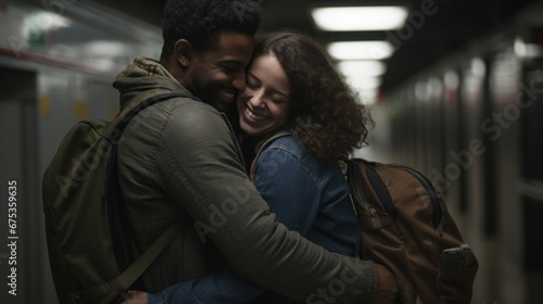Couple hugging each other at a train stop