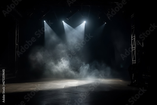 Dark luminous scene background with smoke and light