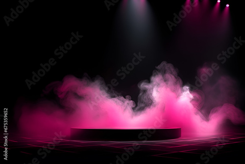 pink lit scene with smoke and light photo