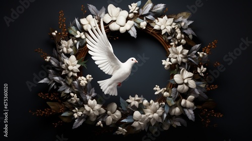 a playful dove perched on a New Year's wreath, its intelligent eyes glinting with mischief, as it adds a touch of cleverness and charm to the festive atmosphere of 2024. photo