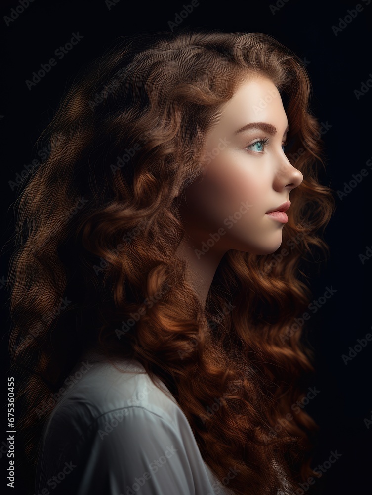 Naklejka premium Portrait of a woman with long curly hair.