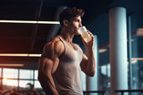 Side view of handsome sporty man drinking a protein shake in the gym.