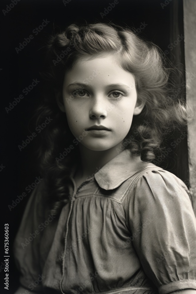 Thoughtful young girl in vintage portrait, serene gaze, embodying innocence and a bygone era