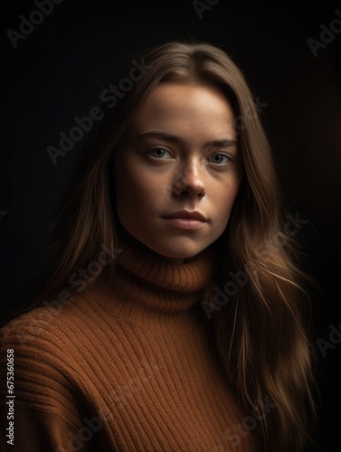 Woman in a turtleneck sweater is posing for a portrait.