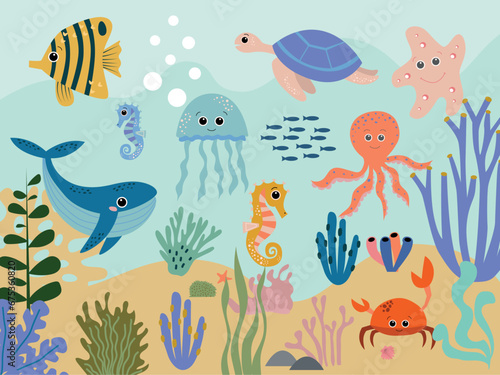 Colorful underwater world with whales and starfish swimming with an octopus amongst the seaweed and rocks, vector cartoon illustration