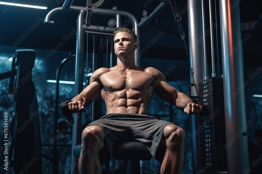 Handsome Muscular fitness bodybuilder in undershirt doing heavy weight exercise for biceps on machine with cable in the gym. Handsome Muscular fitness bodybuilder in undershirt doing heavy weight exercise for biceps on machine with cable in the gym.
