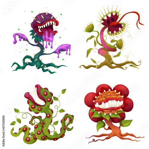 Carnivorous plant set, monster plants. Vector fantasy scary flower icons. Cartoon flytraps or flower predators. Angry flowers with teeth.