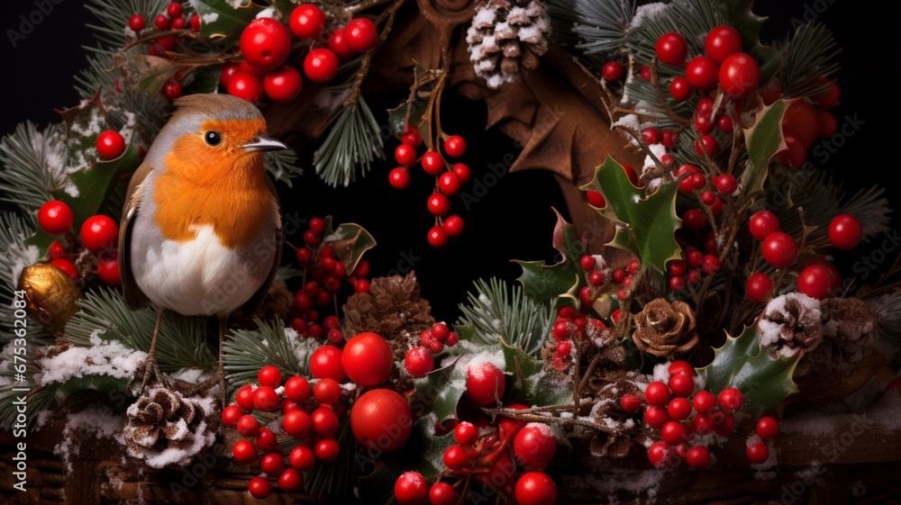 a playful robin perched on a New Year's wreath, its intelligent eyes glinting with mischief, as it adds a touch of cleverness and charm to the festive atmosphere of 2024.