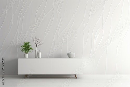 Wavy wall in a room with a flower shaped vase, in the style of monochromatic depth, showcasing a pristine white minimalistic © Pixel Alchemy