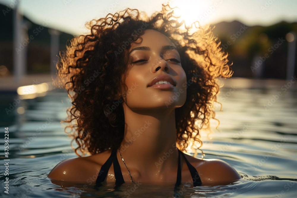 Beautiful young african american woman in swimming pool at sunset. ia generated