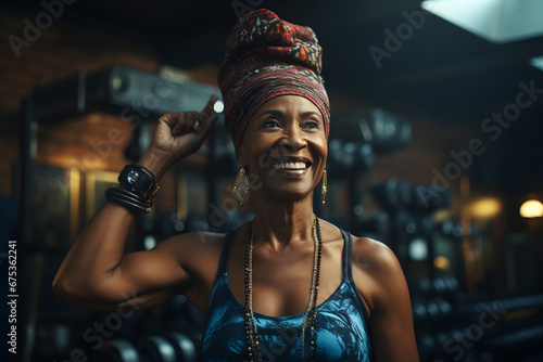 Portrait of a smiling african american woman exercising at gym. ia generated © ImagineStock