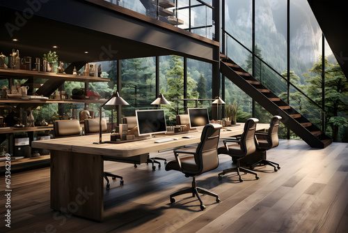 loft type office with wooden floor, with desks and computers overlooking the valley. ia generated photo