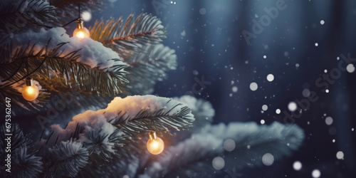 Wallpaper Mural Christmas tree branches with a golden glowing balls and glowing electric garland in the snow. Beautiful Christmas and New Year background, copy space	 Torontodigital.ca